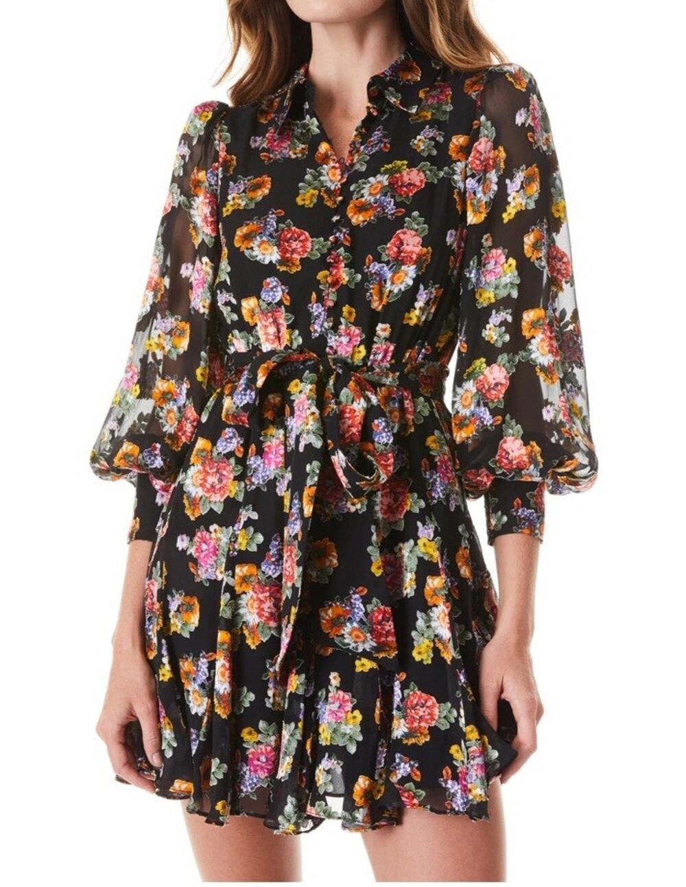 Alice + Olivia Mina Magnolia Floral Silk Blend Mini Dress Est Size 0 XS